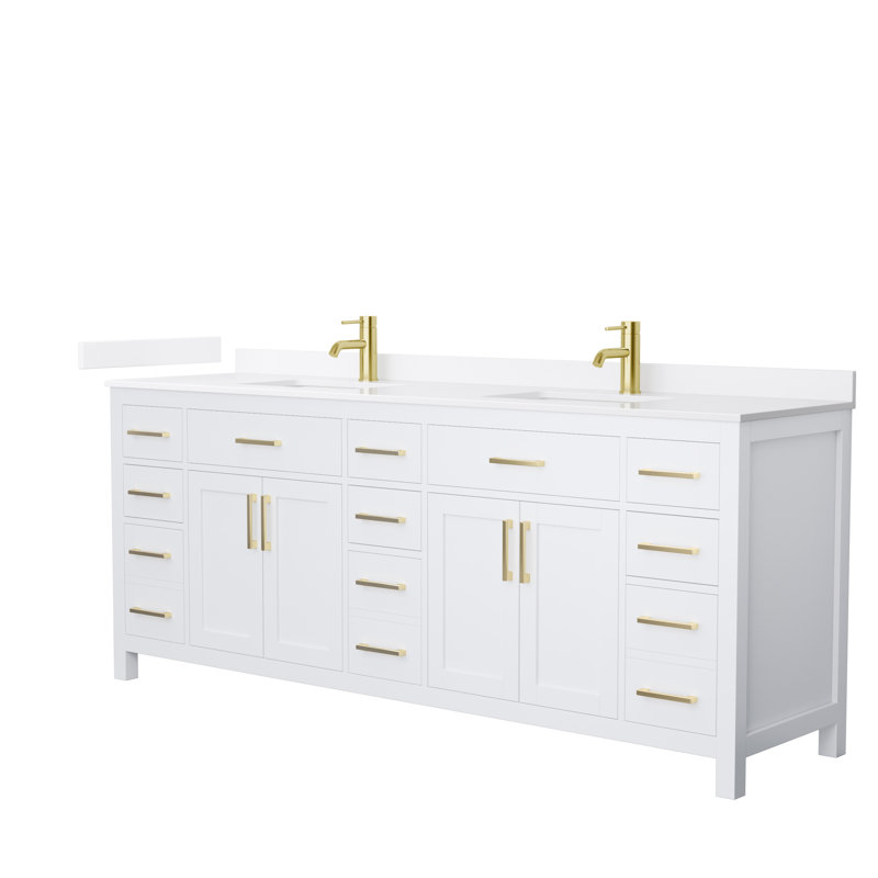 Beckett 84" Freestanding Double Bathroom Vanity with Quartz Top, White, Brushed Gold, White Quartz