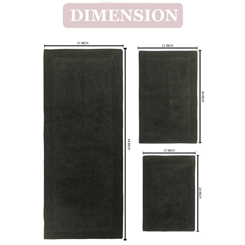 Bruss Luxury 100% Cotton Reversible Bath Rug (Set of 3), Gray