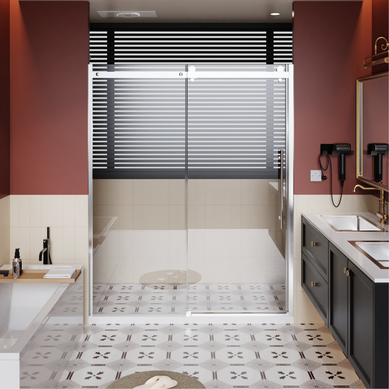 Porte de douche 60 po avec porte coulissante simple H 72 po avec rail en alliage d'aluminium, roulettes en zinc, verre trempé transparent de 1/4 po d'épaisseur, vitrail, roulettes, lisse