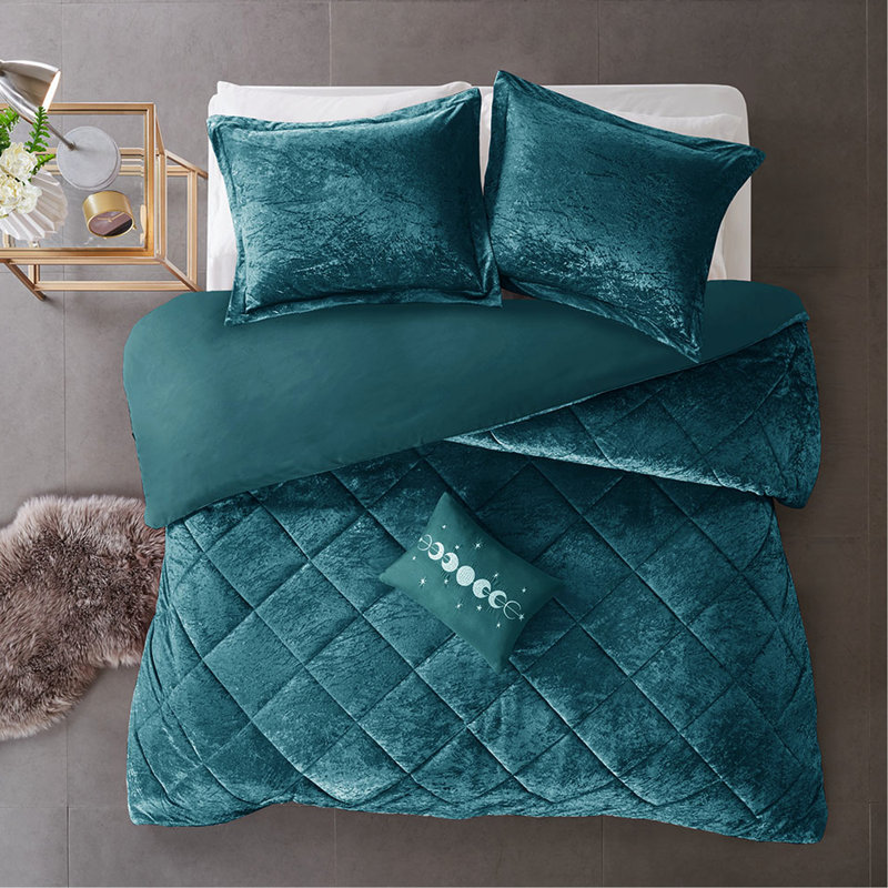 Literie en velours bleu sarcelle pour lit double / grand lit, coussin décoratif, housse de couette moderne lavable à la machine et facile à laver
