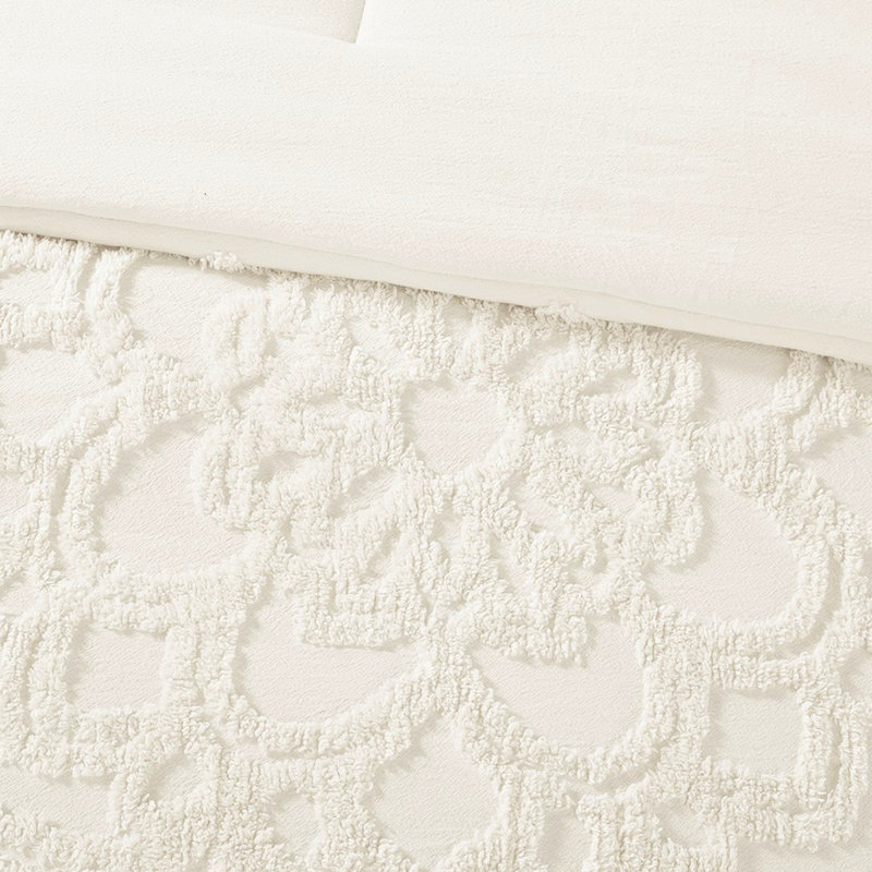 Édredon toutes saisons très grand avec médaillon en chenille de coton de beauté 3 pour chambre à coucher, Blanc cassé