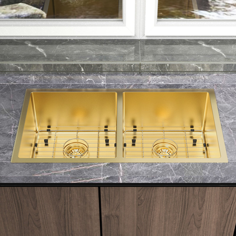 HIGOLD 33 Inch Double Bowl Kitchen Sink, Drop-In Sink With Bottom Grid, Stainless Steel PVD Nano Gold 33"×18"×10", Gold