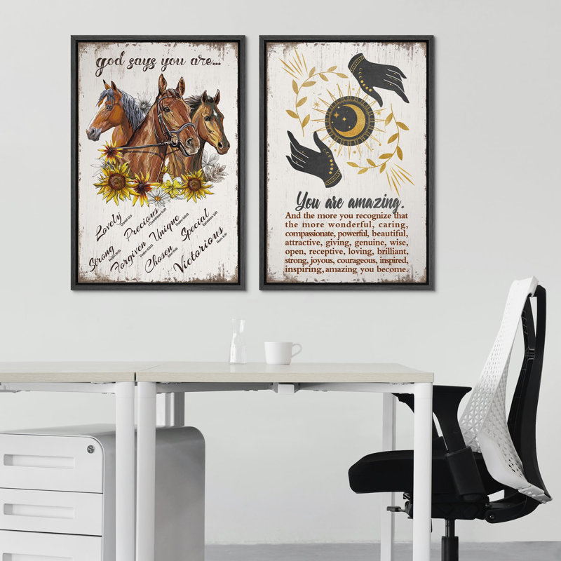 Inspirant trio de chevaux de beauté et de citations inspirantes, art moderne, décoration murale, 2 pièces, Noir