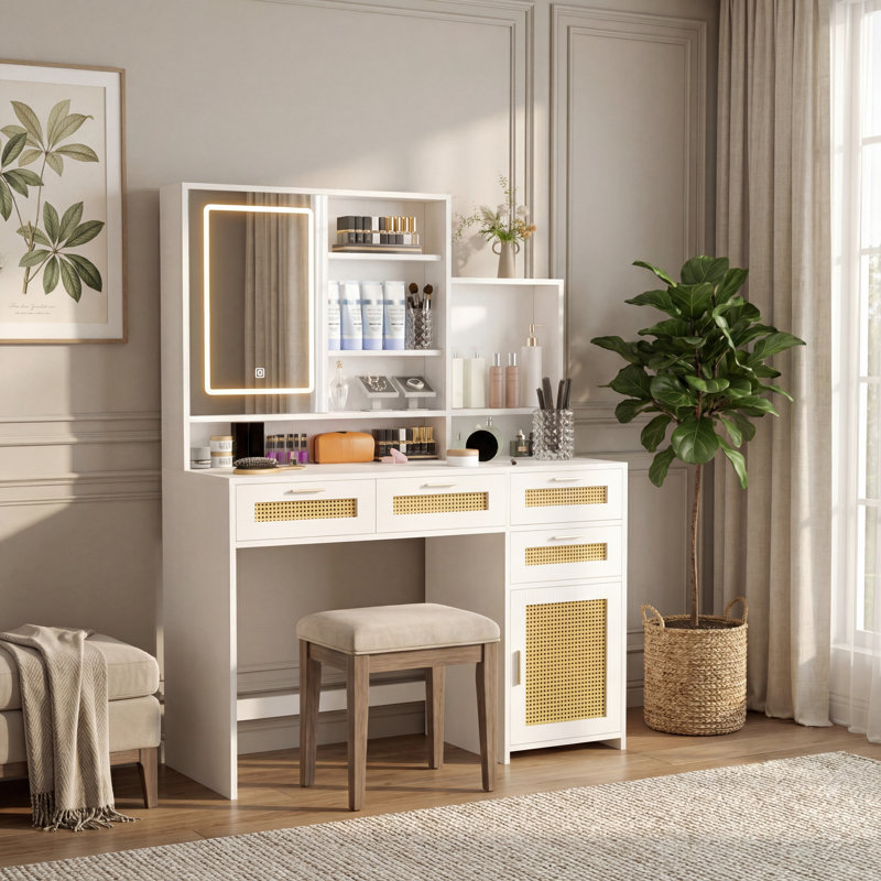 Meuble-lavabo en rotin avec miroir à DEL ouvert, 3 lumières colorées, 4 tiroirs, armoire et tablettes pour la chambre à coucher