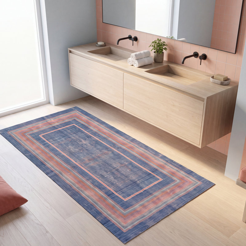 Tapis Thistle moderne minimaliste à bordure géométrique turquoise, rose et crème, lavable à la machine, antidérapant, à poils courts, pour l'intérieur et l'extérieur, adapté aux animaux domestiques, idéal pour le salon, la chambre, la salle à manger, l'entrée, le corridor ou le bureau.