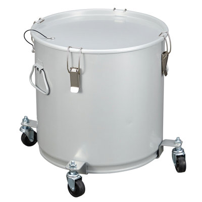 8 gallon steel fryer grease bucket with caster base, locking lid, lock clips and filter bag, silver coated finish, for easy hot oil filtering and transport during outdoor bbq and home frying