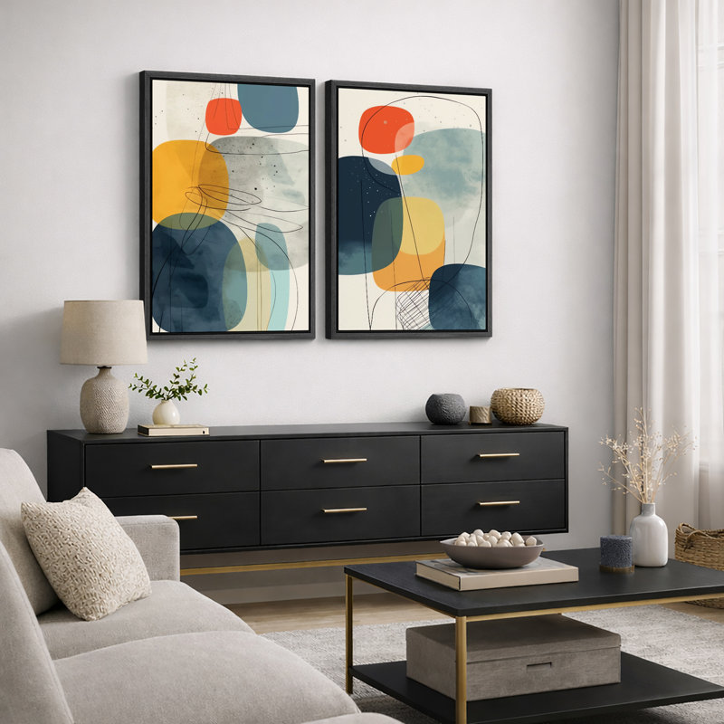 Mid Century Shape "Vibrant Blue & Yellow & Orange Polygon Artwork, Modern Abstract Geometric Wall Pictures, Framed Canvas Giclee Print 2 Pieces Wall Art Set" 16x24x2 pcs, 24x36x2 pcs