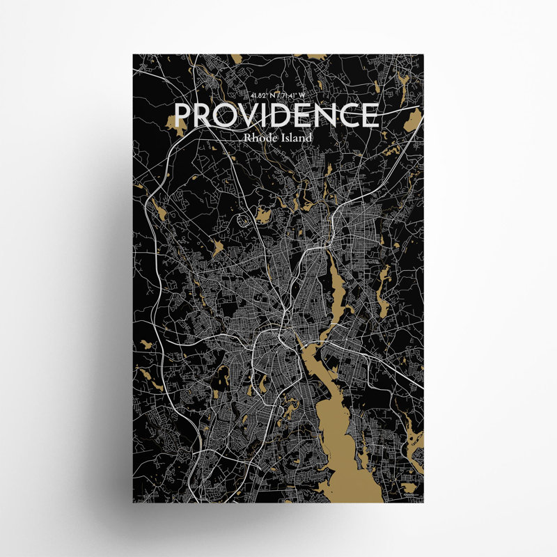 Providence, carte de la ville, impression, H 17 po x l 11 po, Noir et or
