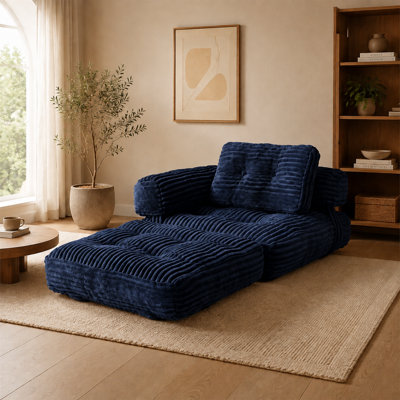 Canapé-lit de sol bleu marine sans cadre avec accoudoirs et coussins, canapé pliable multifonctionnel pour salon