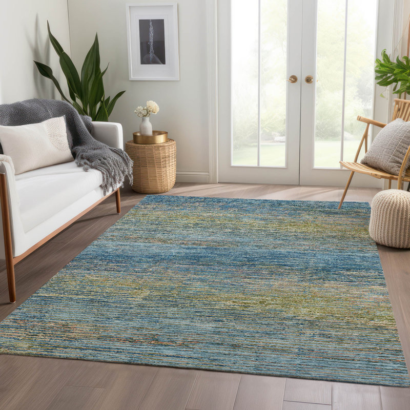 Denim Blue Synthetic Flat Woven Washable Striped Rug 46" x 30"