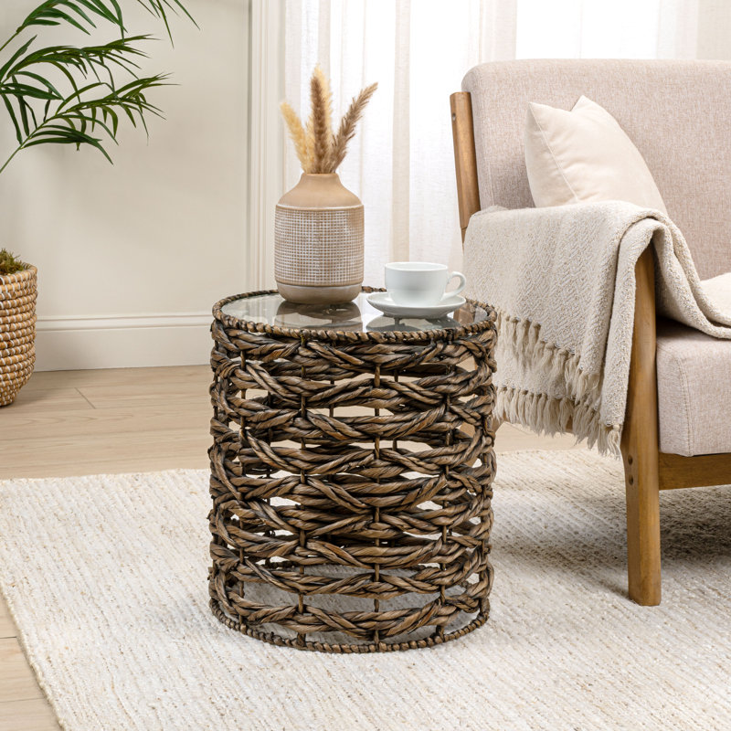 Malaya 16" Bohemian Handwoven Brown Water Hyacinth Round End Table with Glass Top, Fully Assembled Open Weave Wicker Accent Side Table