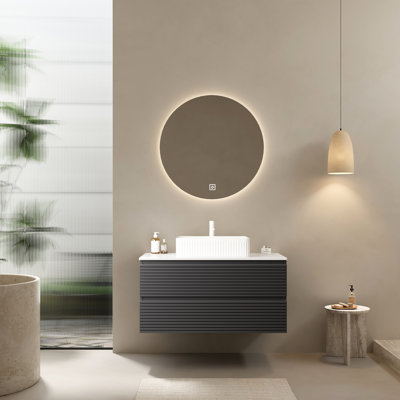 Meuble-lavabo flottant de 36 po avec lavabo vasque, lavabo en céramique blanche, comptoir, armoire en contreplaqué rayé gris, 2 tiroirs, grand rangement et élégant