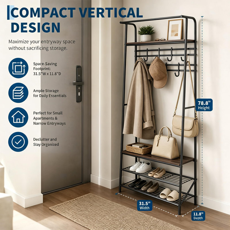 Portemanteau autoportant 4 en 1 pour vestibule, portemanteau avec tringle, tablettes de rangement pour chaussures et banc rembourré, panneau de particules avec structure en métal noir robuste