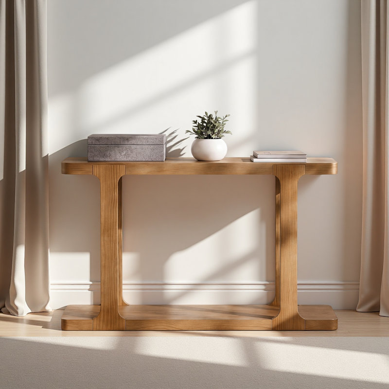 Console de style minimaliste moderne de 50 po, conception d'assemblage incrusté, pieds en bois massif, placage de pin, plateau de table épais et tablette inférieure, table de canapé d'entrée pour le couloir du salon