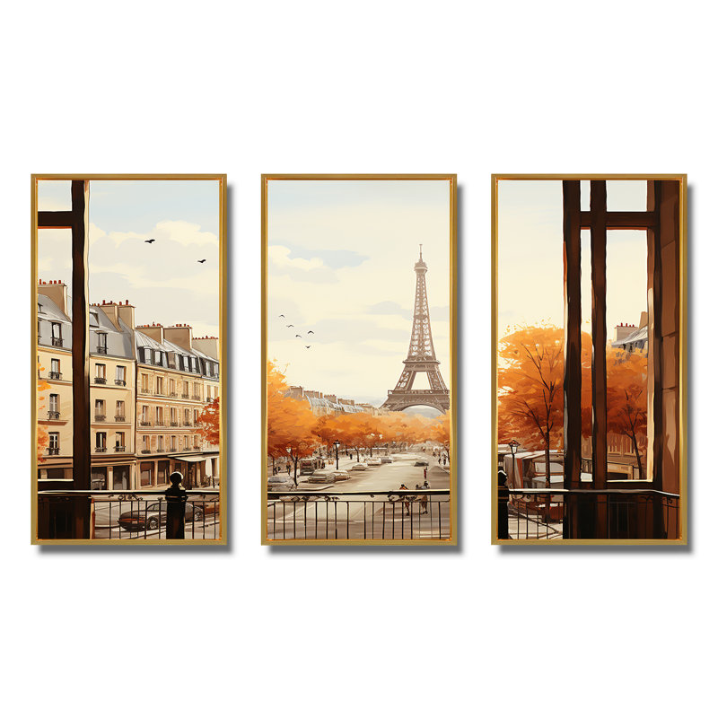 Rustic Eiffel Tower Paris Window View III - City Paris Wall Art, Gold Floater Framed, 32" H x 48" W x 1" D