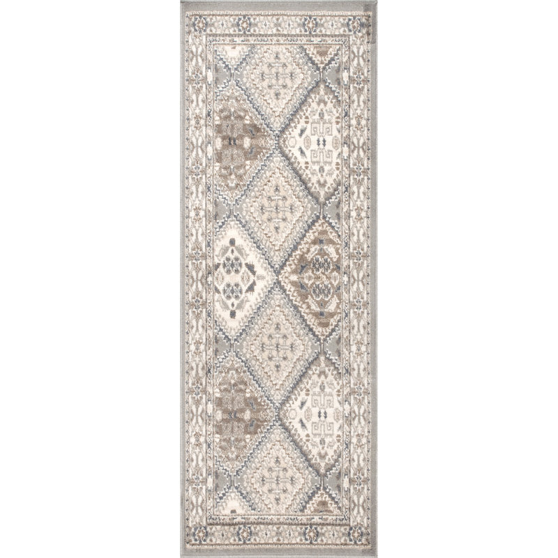 Daye Traditional Tiled Power Loom Performance Gray/Beige Rug, Runner 2'6" x 8'