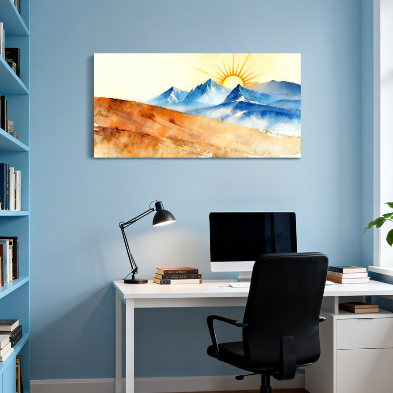 Paysage et nature, lever de soleil sur une chaîne de montagnes, H 24 po x l 48 po