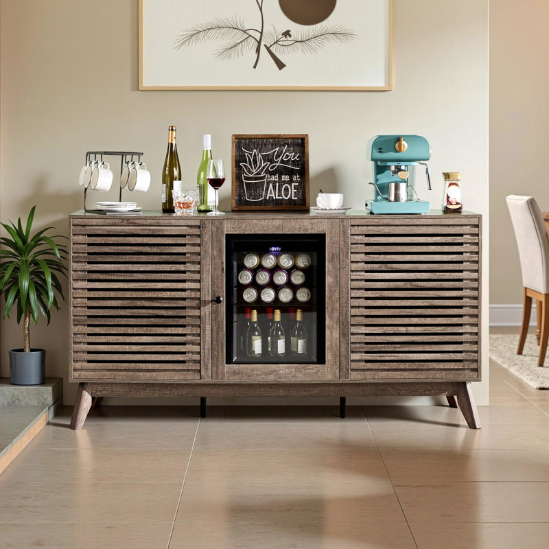 60" Mid-Century Coffee Bar Cabinet With Integrated Beverage Fridge, Adjustable Storage, Slatted Doors & Versatile Use, Gray