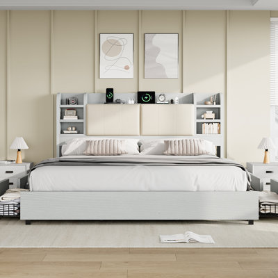 47.2" Bookcase Upholstered Bed Frame with 4 Storage Drawers