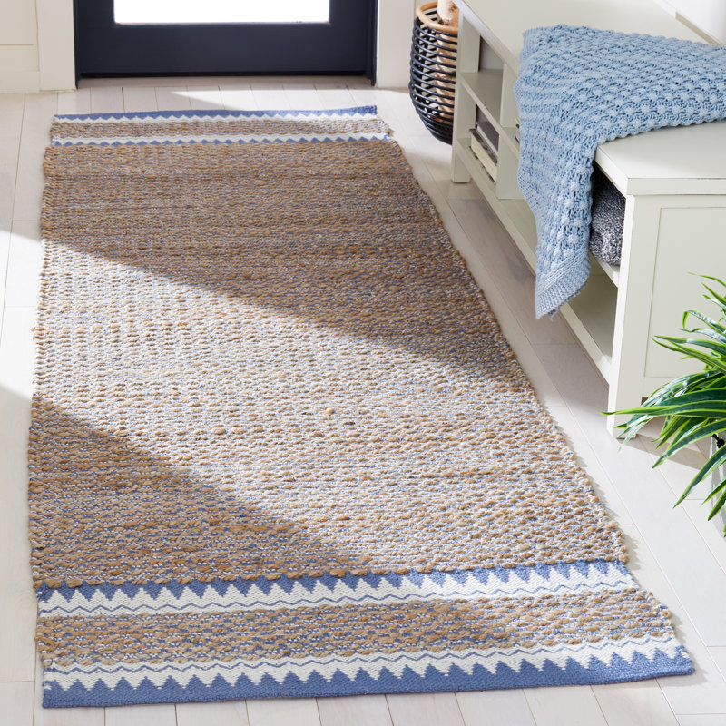 Jamesy Natural Fiber Hand Woven Jute/Wool Rug in Natural/Blue, Runner 2'6" x 8'