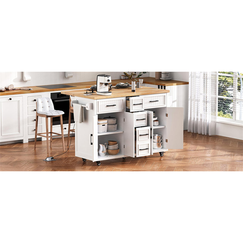 56.5'' Kitchen Island With Drop Leaf, White