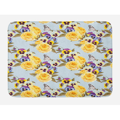 East Urban Home Pansy Plush Bath Mat, Detailed Roses Butterflies, 30.2""x20"", Pale Blue Multicolor -  2ABD77687CA8436283509AD8DF318287