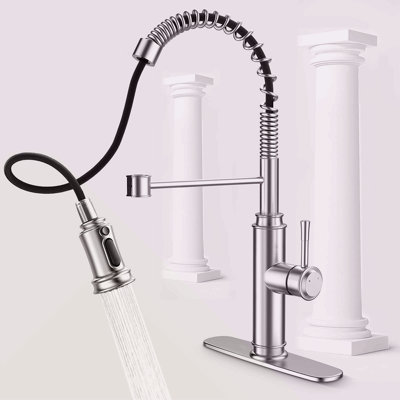 Kitchen Faucet - Spring Kitchen Sink Faucet With 3 Modes Pull Down Sprayer, Single Handle&Deck Plate For 1Or3 Holes, 360° Rotation, Spot Resist Stainless Steel No Lead For RV Bar Home