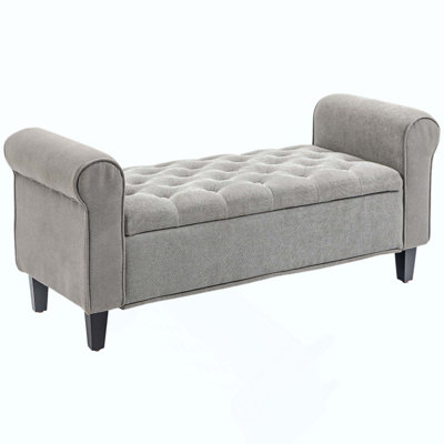 Storage Ottoman Bench, Upholstered End Of Bed Bench With Rolled Arms, Wood Legs, Button Tufted Storage Bench With Safety Hinges For Living Room, Entryway, Bedroom