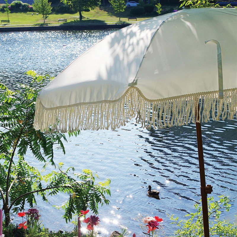 Elegant Cream 7ft Beach Umbrella with Tassel Fringe and Steel Pole