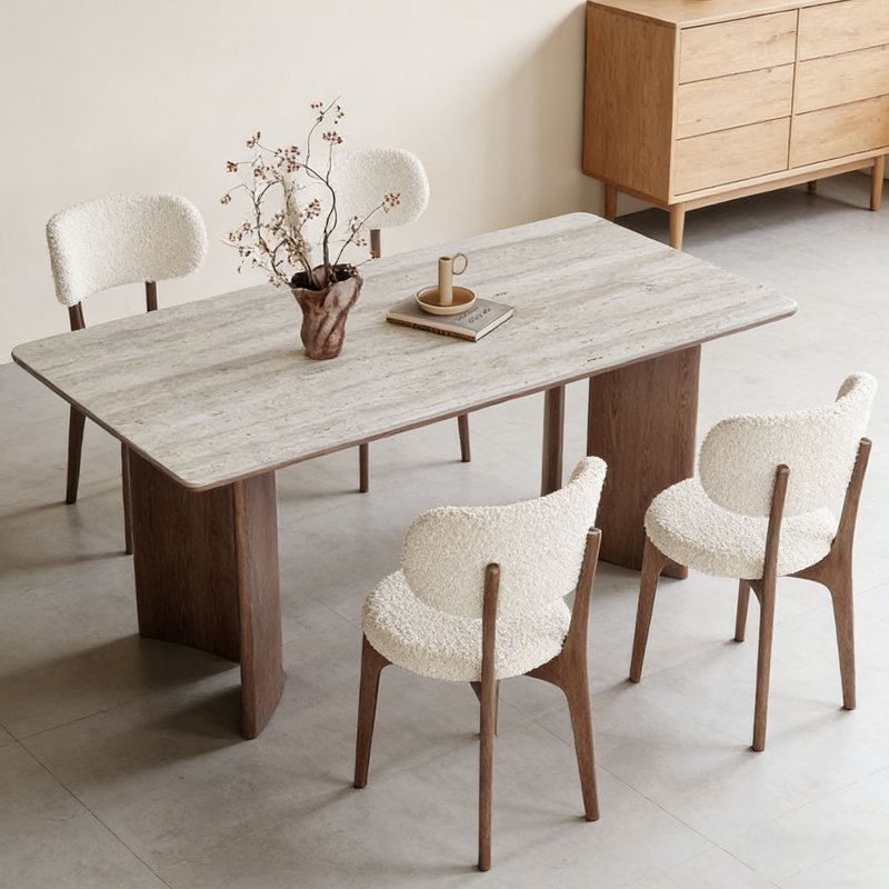 Table Mid-Century rectangulaire en bois et pierre, 7 Pieces: Table, 6 Chairs, H 26,9 po x l 70,9 po x P 35,4 po