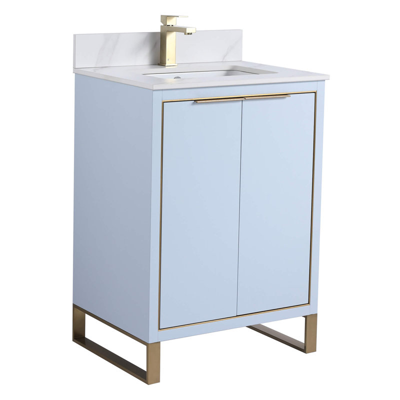 Meuble-lavabo simple autoportant de 24 po avec plateau en pierre Minday, Laiton satiné, Bleu pastel