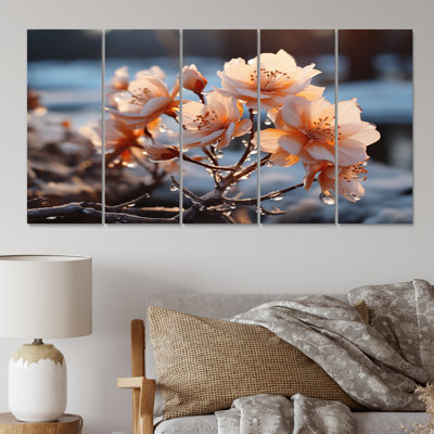 «Winter Landscape Frozen Blossoms III», impression sur toile paysage d'hiver - 5 panneaux égaux