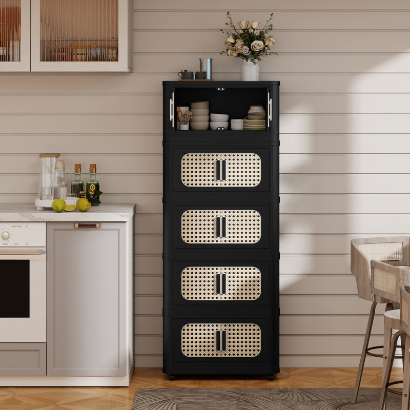 Retro Black 4-tier Folding Storage Cabinet With Magnetic Doors, 20" Wide Collapsible Organizer On Wheels, 19.69" W X 11.81" D X 40.55" H, Freestanding Plastic Storage Shelf For Pantry Closet Laundry Room Organization