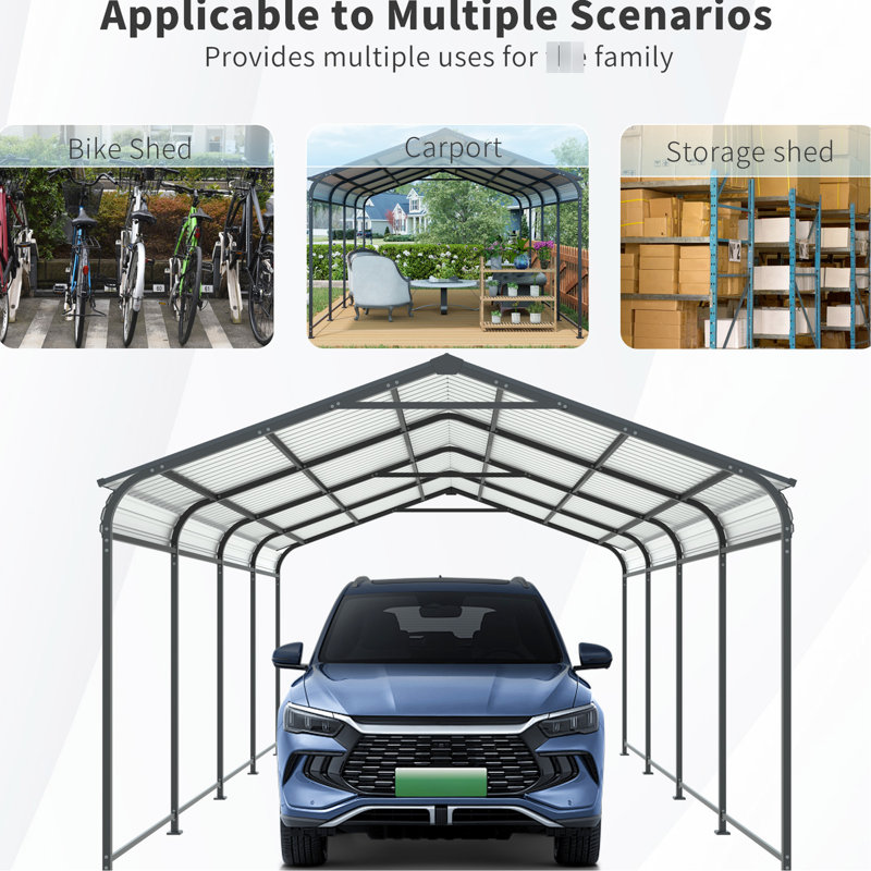 Galvanized Steel 12 X 21 Ft Carport, High Wind And Easy To Assemble, Suitable For Multiple Vehicles - , Spacious Cars, Trucks