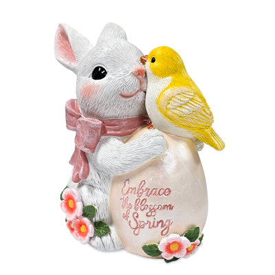 Bunny and Yellow Bird Easter Garden Statue, 7" Spring Rabbit Figurine Outdoor Decor