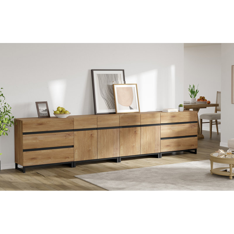 Modern Wooden Dresser With 6 Drawers And Adjustable Shelves, Metal Base Storage Chest For Bedroom, Hallway, Or Entryway, Oak