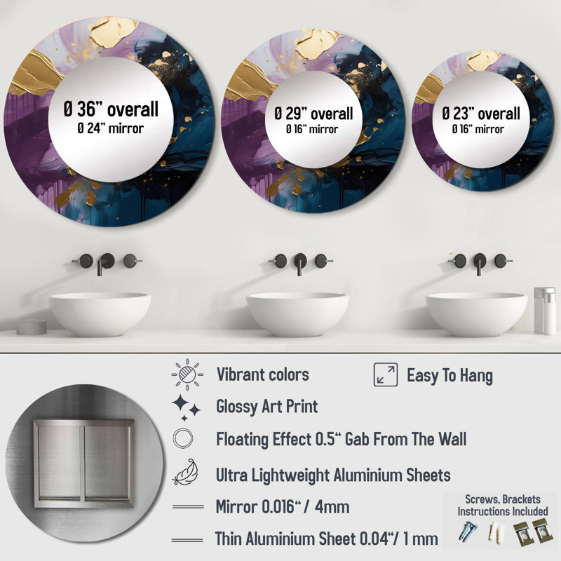 Oene, réalités mauves et bleues sur toile IV - peinture abstraite, miroir mural unique, miroir rond violet, 29 po x 29 po