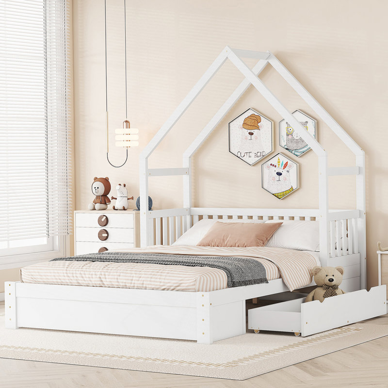 Lit plateforme House avec garde-corps et 2 tiroirs, Blanc