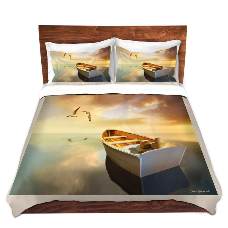 The Lovers Birds And Boats Coastal Duvet Cover, Twin Duvet Cover + 1 Standard Sham