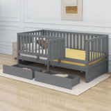 Daybed With Fence Guardrails And 2 Drawers, Split Into Independent Floor Bed & Daybed