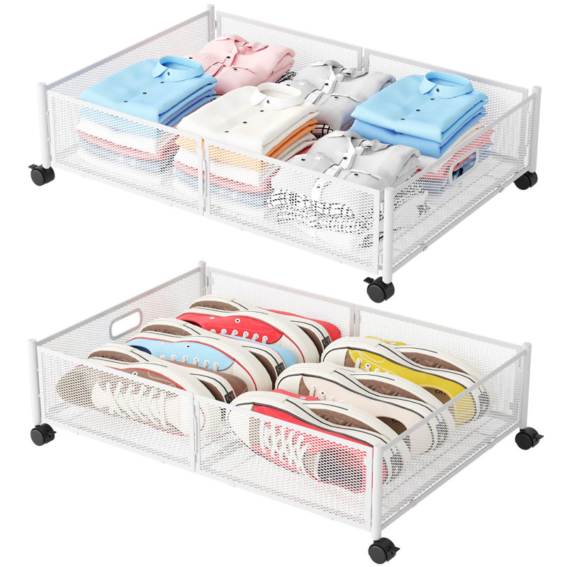 Bacs de rangement sous le lit avec roulettes, organisateur de tiroir pliable en filet de métal, paquet de 2 (blanc), White