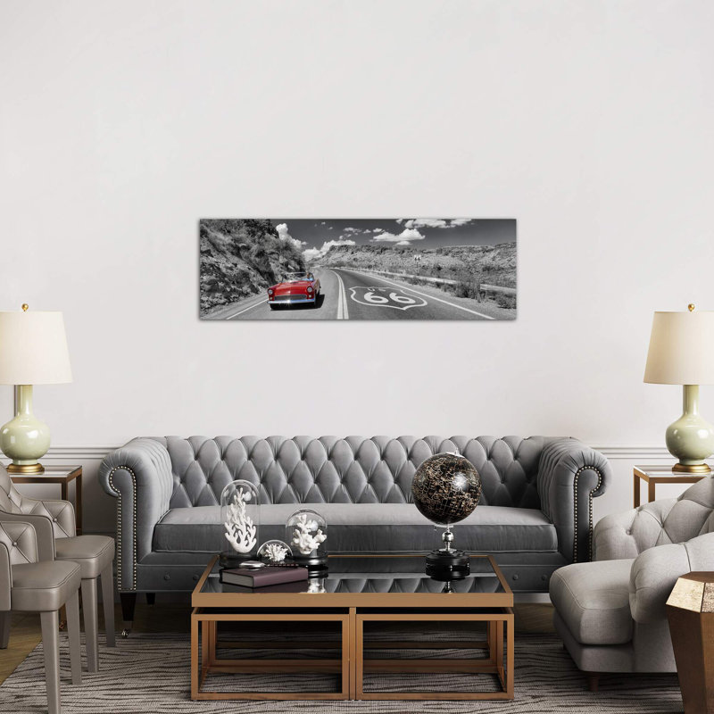 Vintage Car Moving on The Road, Route 66, Arizona, Usa 1 Piece Panoramic Wall Art on Canvas