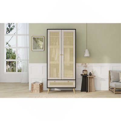 70.8" Tall Armoire Wardrobe Closet With 2 Rattan Doors & 1 Drawer, Boho Wooden Clothes Storage Cabinet With Hanging Rod For Bedroom, Natural+Black by Dakota Fields