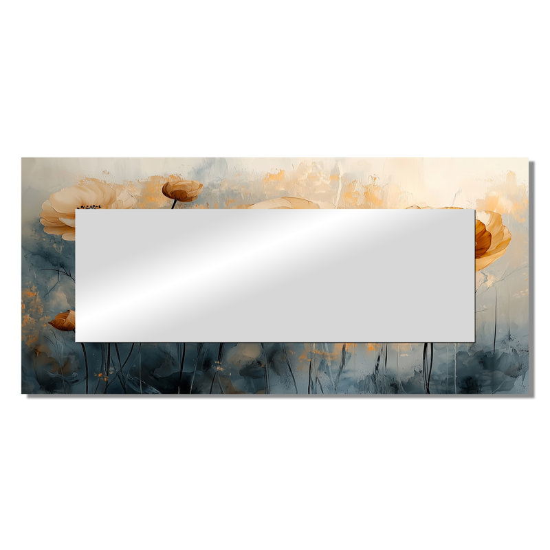 Golden Glow of Ranunculus Flowers Field II - décoration murale miroir floral - imprimé sur métal, 28 po x 60 po