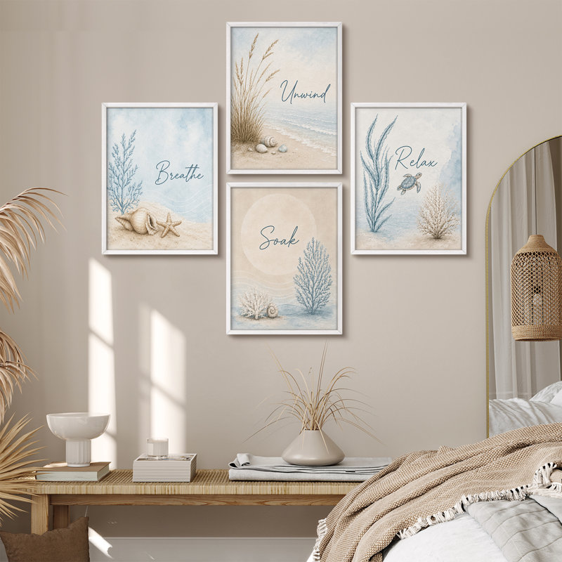 Ensemble de 4 reproductions d'art encadrées sur le thème océan océan, 14" H x 11" W, White