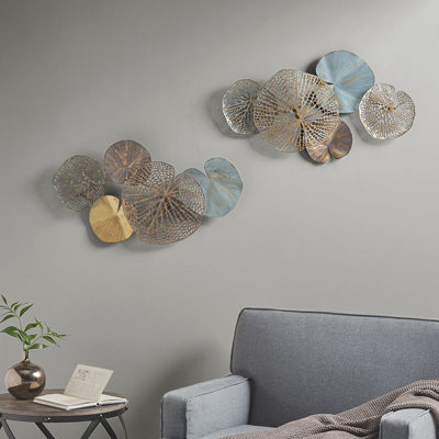 2 Metal Wall Decor - Multi Lily Pad Leaves, Aged With Gold, White, Brass, Indoor Display Piece, Cut And Solid Keyhole Installation Option Leaves Decor, Decoration For