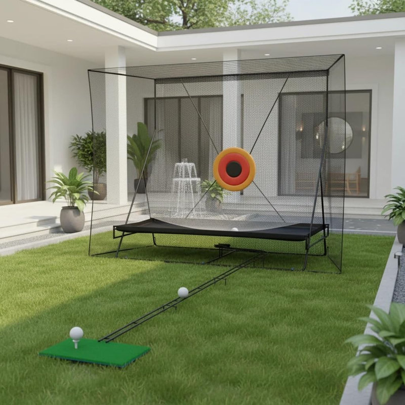 Filet de pratique de golf supérieur 10 pi x 8 pi - Aide à la frappe et à l'écrasement intérieur / extérieur - But - Système de retour de balle de 11 pi - Couverture pour balle - Pour les vraies balles - Fonction de ramener la balle