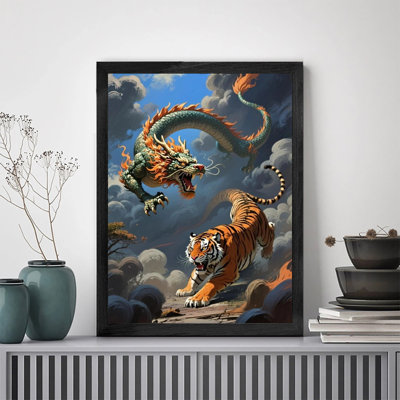 Premium Wall Art Print with Black Wooden Frame Two Tigers Fighting Over Tiger  Wall Art Gift for Home & Apartment Decor