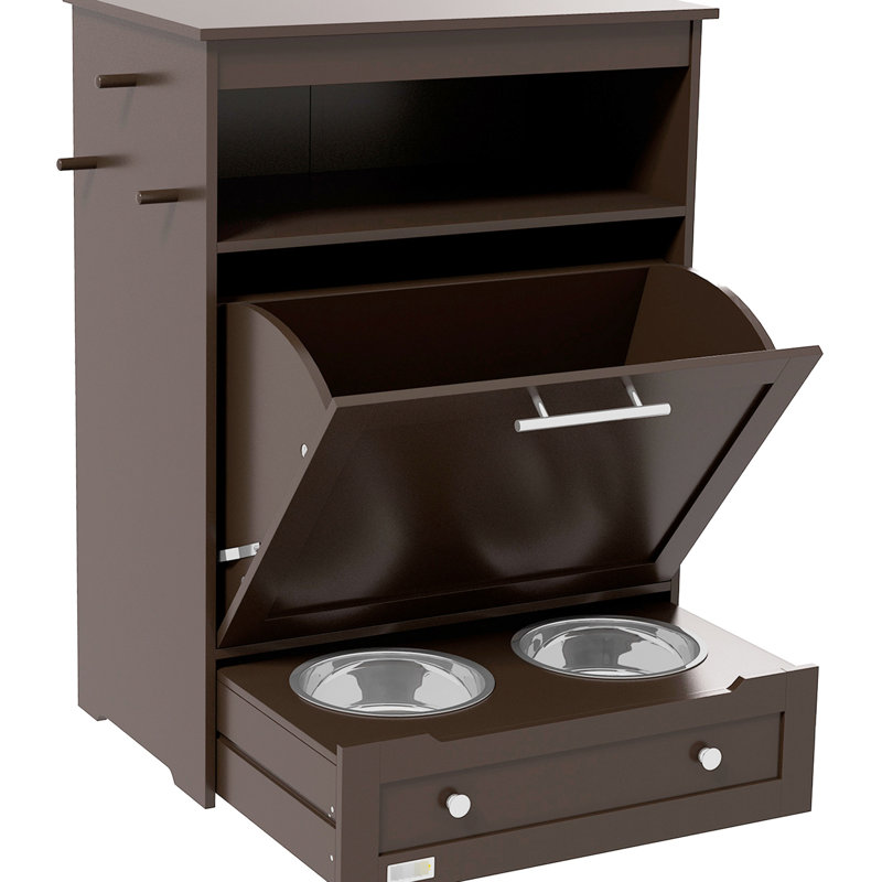 Armoire à fournitures brune pour animaux de compagnie - Comprend des bols surélevés pour faciliter l'alimentation et l'organisation avec un espace de rangement