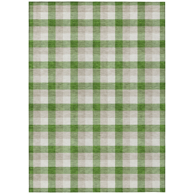 Emerald Green and Beige Plaid Washable Synthetic Area Rug